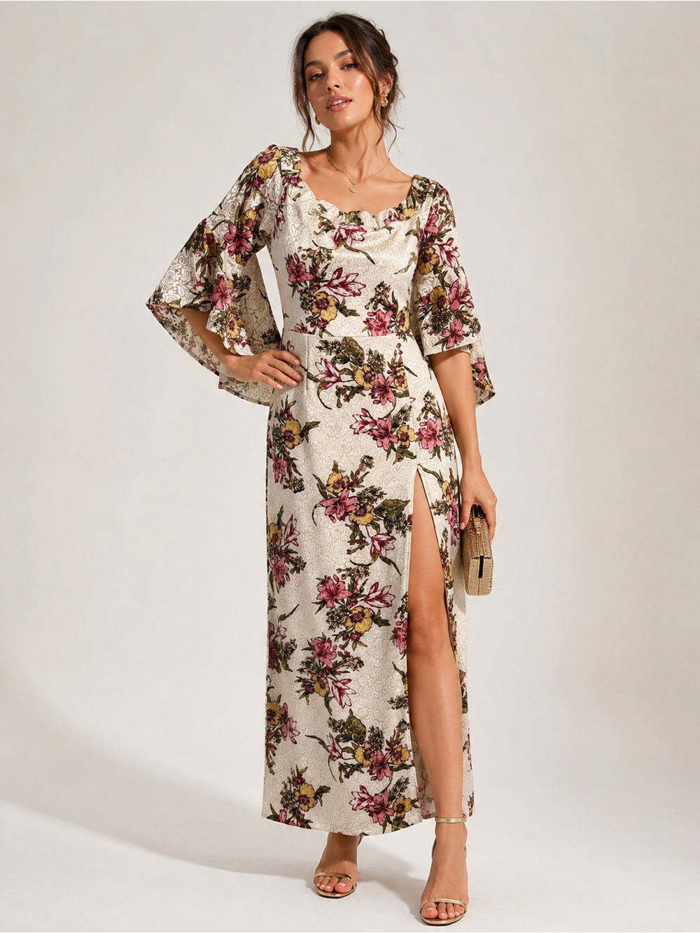Vfshow Floral Cowl Neck Maxi Dress in White with Pink Accents